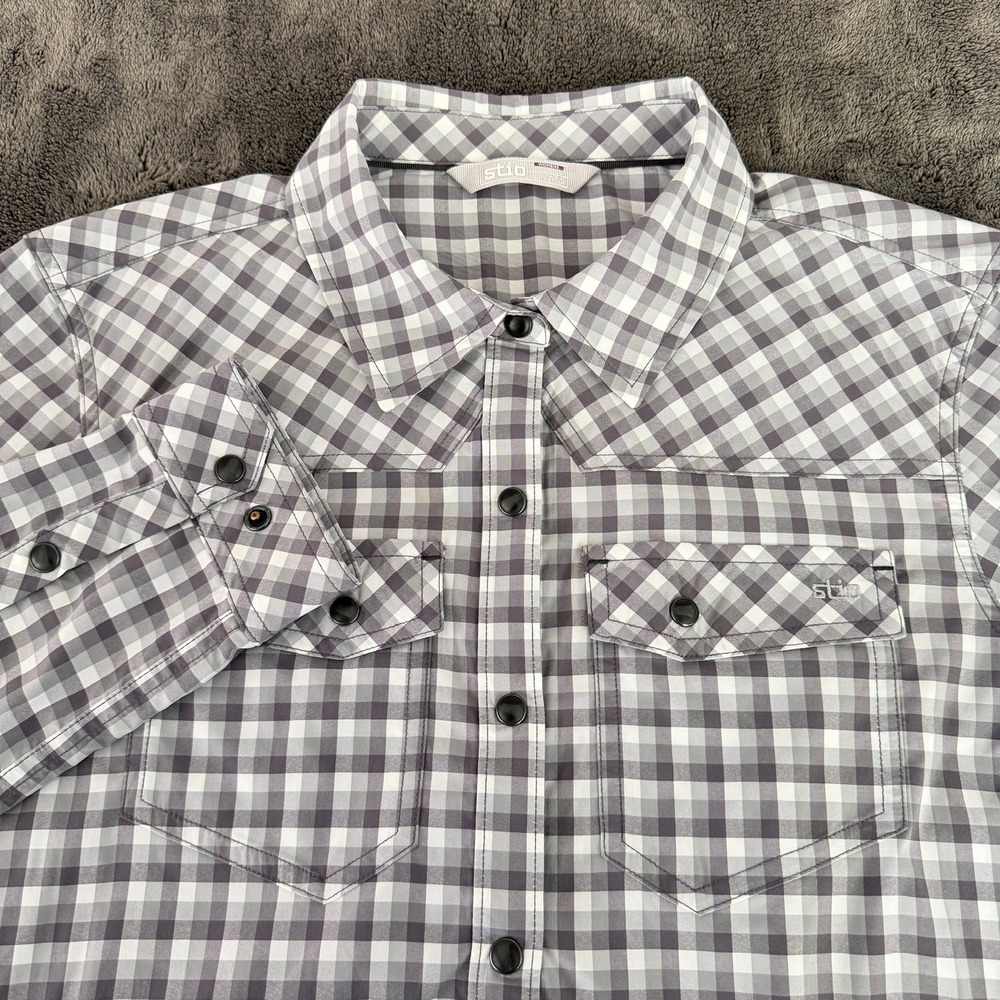 Stio Women's Eddy Shirt Large Gray White Gingham Long Sleeve Snap Up 100055-030